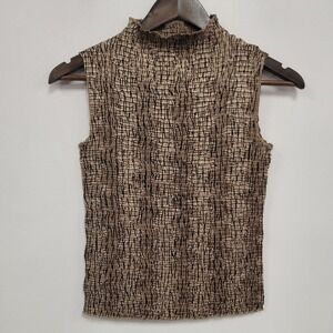 Plisse Womens Y2K Sleeveless 90S Crinkle Top Size S Gold Artsy Eclectic Stretch